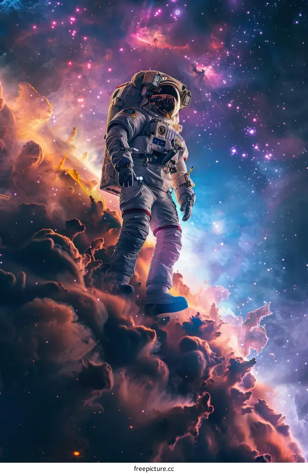 An astronaut in a spacesuit is floating in a colorful nebula.