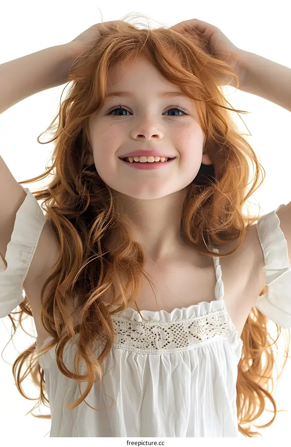 Portrait of a happy redheaded girl in a white dress