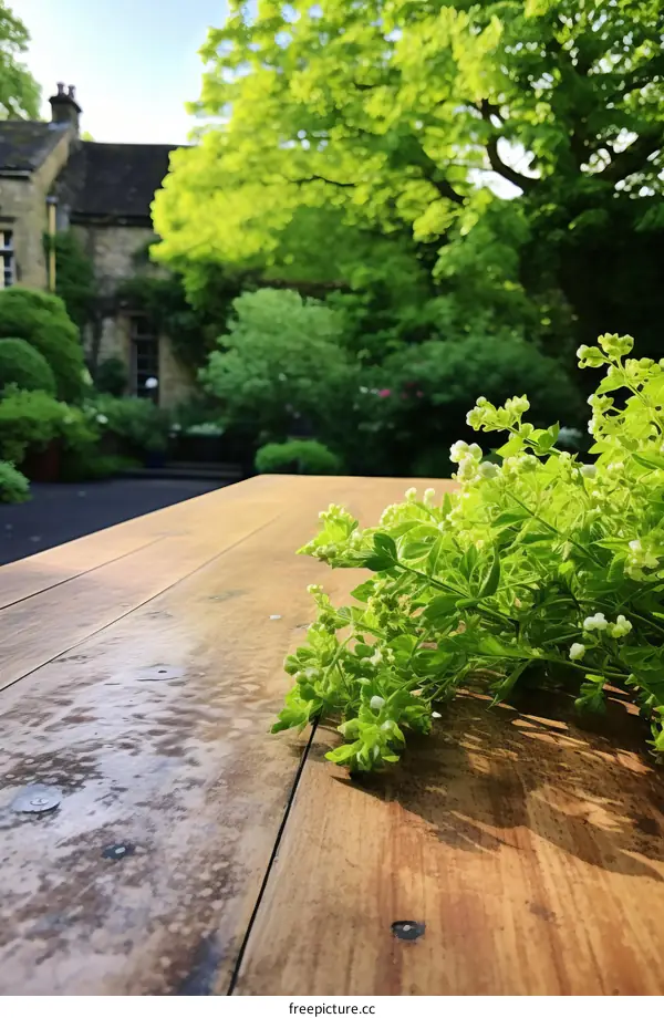 A wooden table in a garden with a plant on it