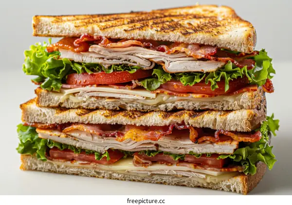 A delicious sandwich with bacon, turkey, tomato, and lettuce