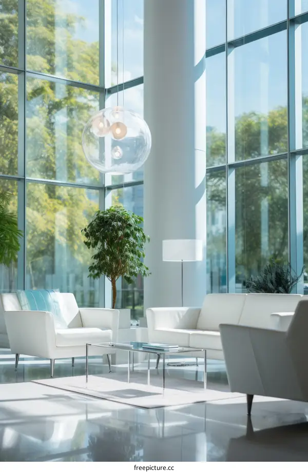 Office lobby with modern furniture and large windows