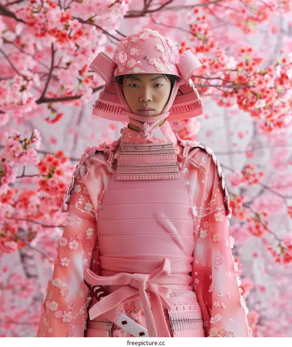 Pink Samurai Warrior in a Cherry Blossom Field