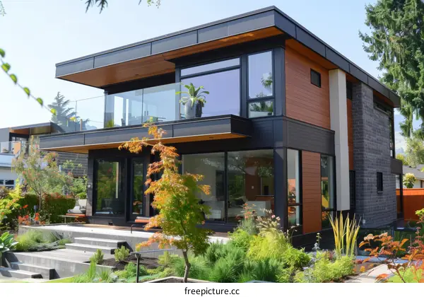 Modern Home with Large Windows and Balcony