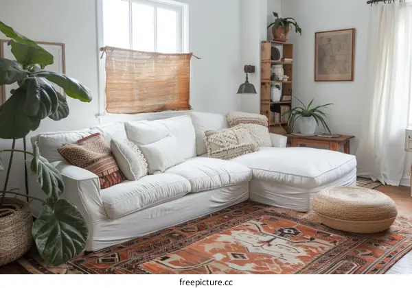 Bright bohemian living room interior with white sofa