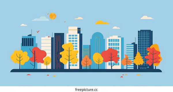 Flat Style Cityscape Illustration With Colorful Buildings and Trees
