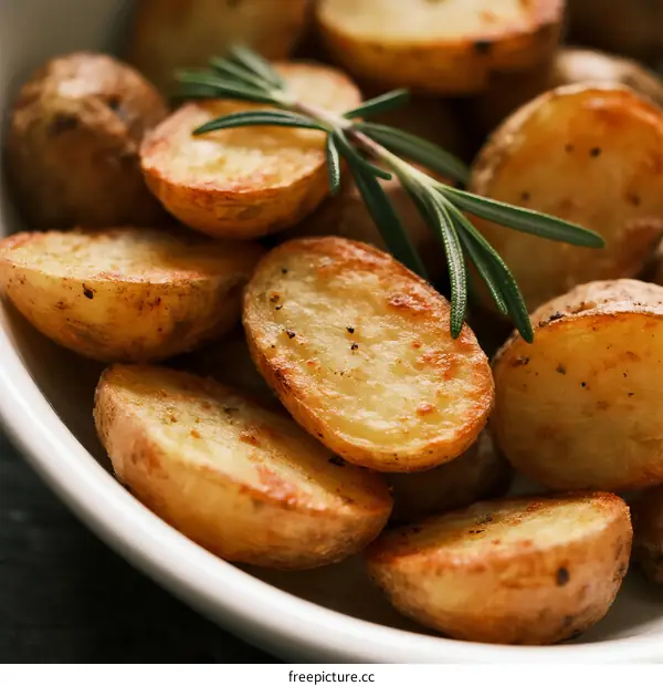 Crispy Roasted Potatoes with Fresh Rosemary Sprig Garnish