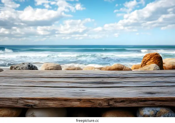 Wooden Plank Beach Background with Blue Ocean and Rocks