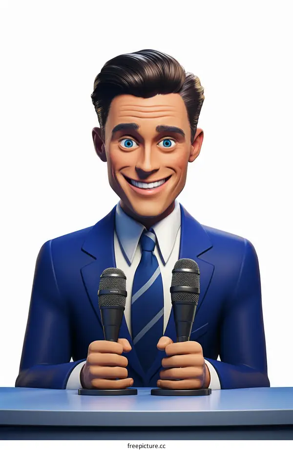 Confident male news anchor in a blue suit at a news desk, holding two microphones and smiling.