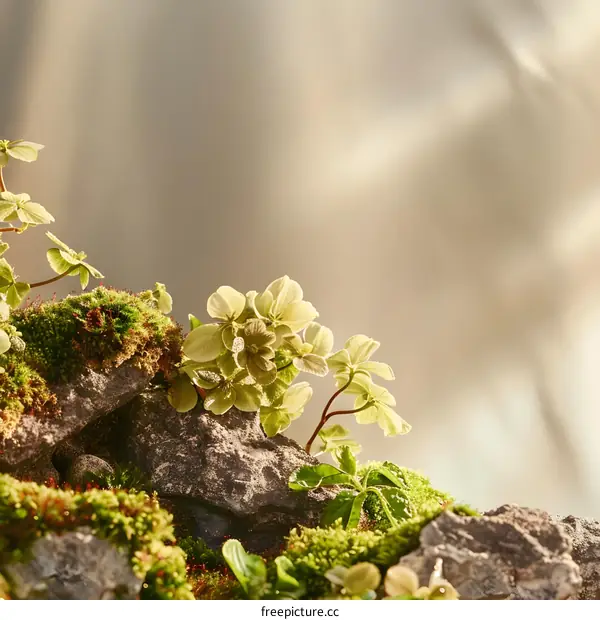 Green Flowers Blooming on Mossy Rocks in the Sunlight