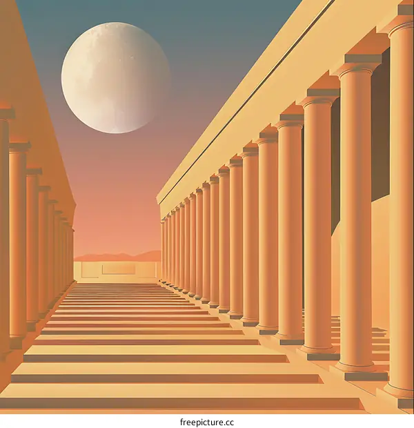 Ancient Architecture with Pillars Leading to Moon
