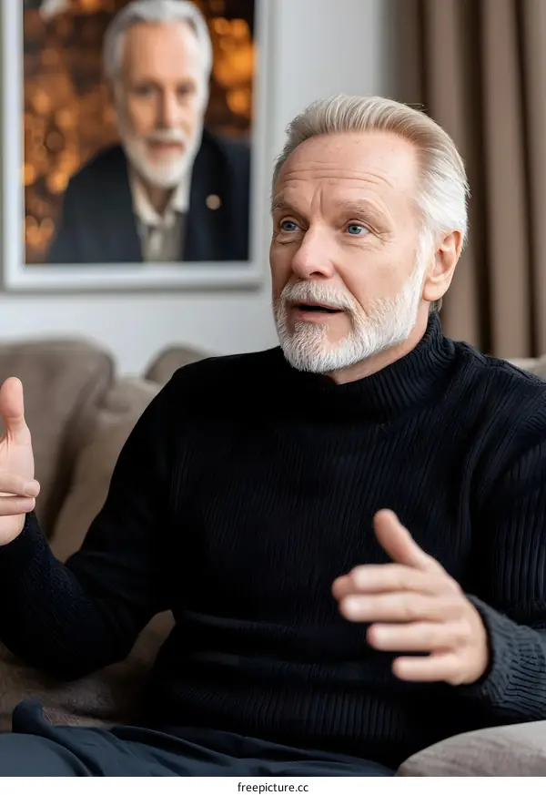 Senior Man Wearing Black Sweater Talking and Gesturing in a Living Room