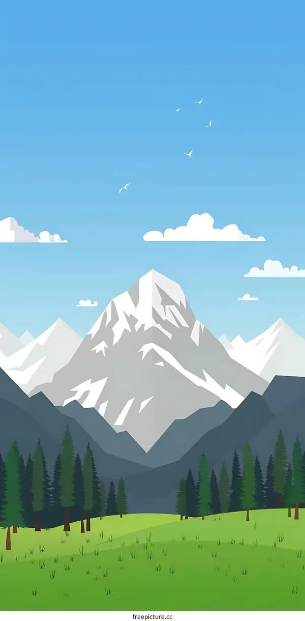 Mountain Landscape Illustration with Snow Capped Peak and Forest
