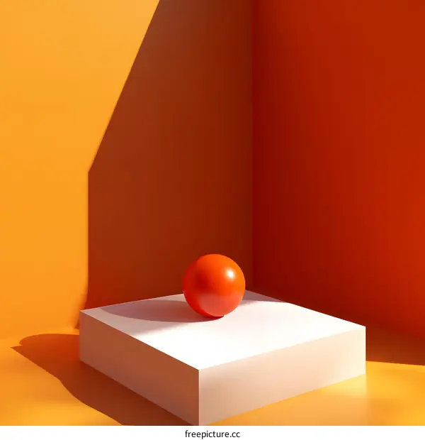 Orange Sphere on White Cube in Minimalist Scene