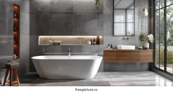 Modern Gray Bathroom with Freestanding Bathtub and Wooden Vanity