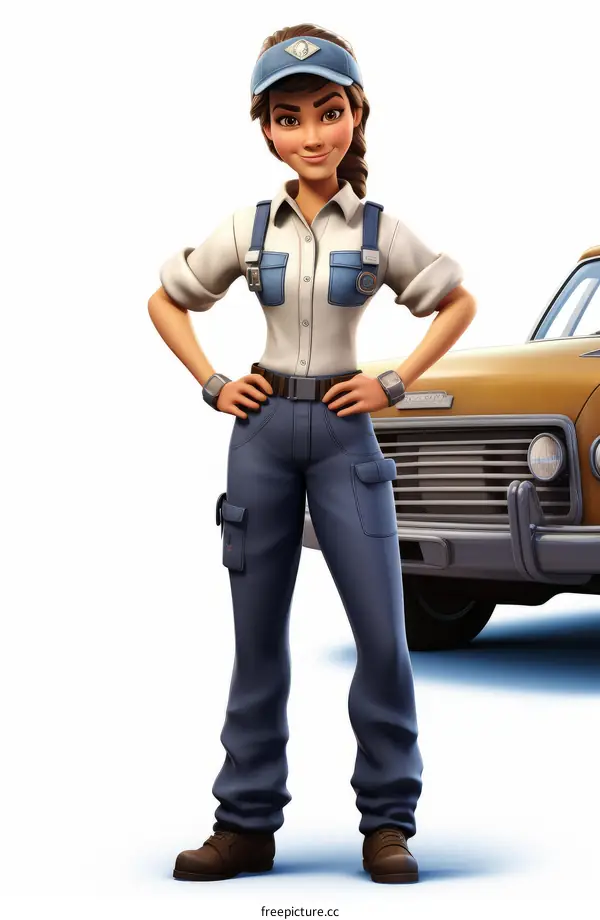 Brown-haired mechanic woman standing with hands on hips in front of yellow vintage car