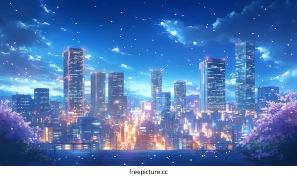 Anime Cityscape at Night with Cherry Blossoms