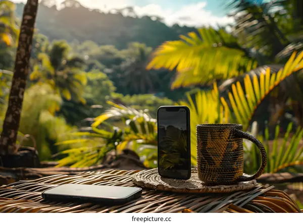 Phone and Cup on Table in Tropical Setting
