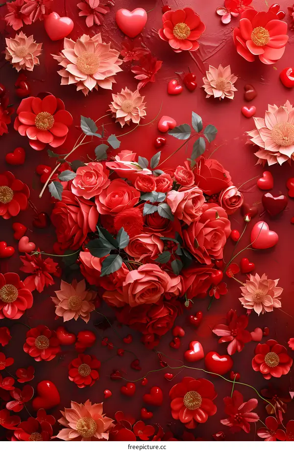 A bouquet of red roses and some red heart-shaped petals