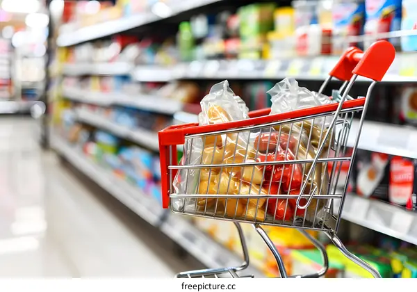 Shopping Cart Filled with Groceries in Supermarket Aisle
