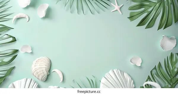 Tropical Leaves and Seashells on a Mint Background