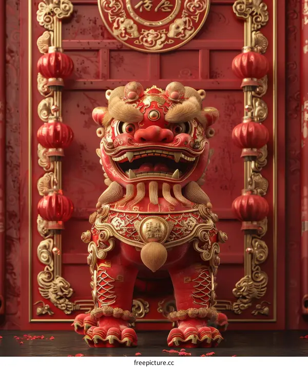 Vibrant 3D Chinese Lion Statue with Rich Details
