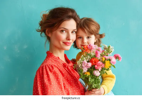 Mother and Daughter with Flowers Portrait