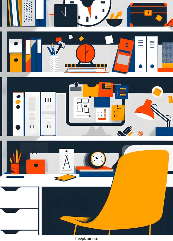 Creative Workspace Illustration with Desk and Shelf