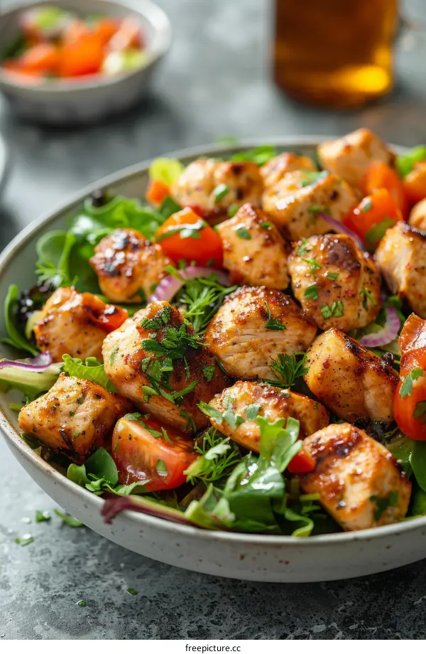 Delicious and healthy salad with grilled chicken, fresh vegetables and herbs