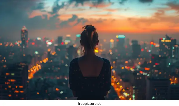 Lonely woman standing on a rooftop overlooking a city at sunset