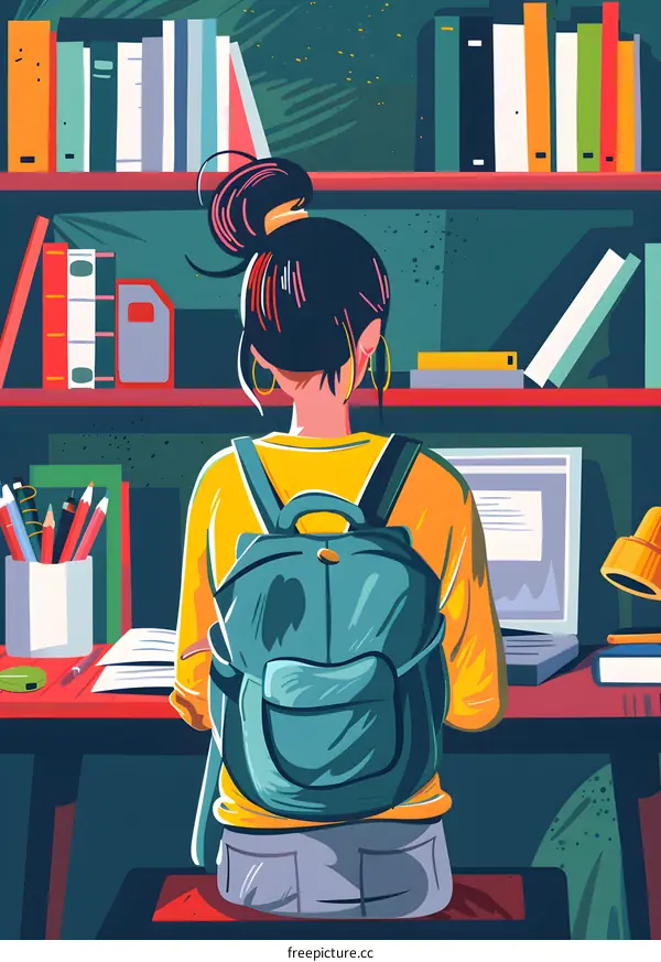 Woman with a Backpack Studying in a Library