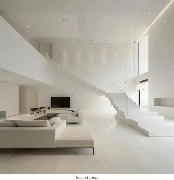 Modern White Staircase in a Spacious Living Room