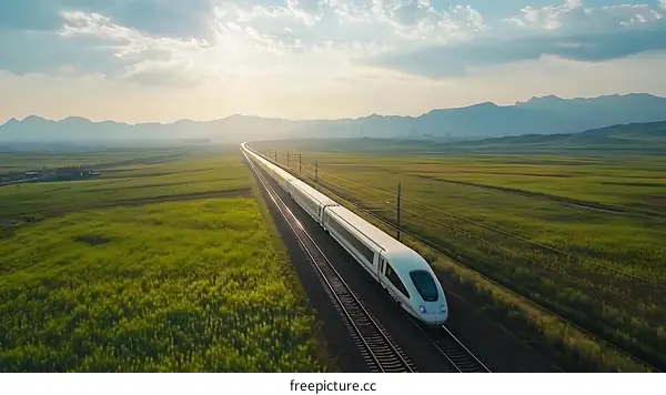 High-Speed Train Across Vast Green Fields at Sunrise