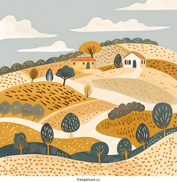 Colorful Hills with Houses and Trees Illustration