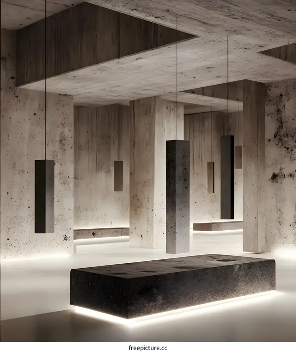 Abstract Minimalist Concrete Interior Design With Hanging Lights