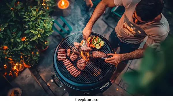 Man Grilling Food on a Charcoal Grill