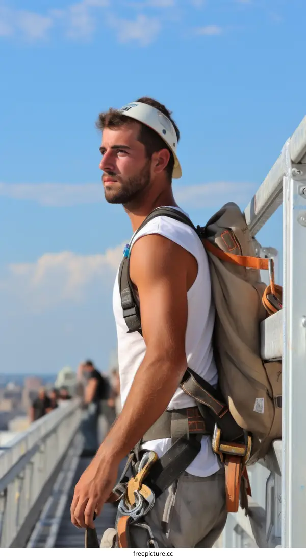 Young male construction worker wearing a safety harness and a hard hat