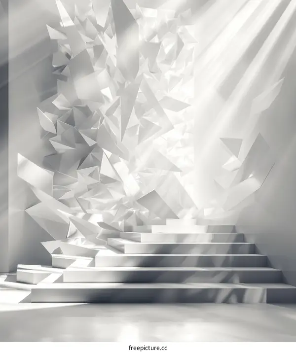 Abstract White Geometric Shapes and Steps with Bright Light