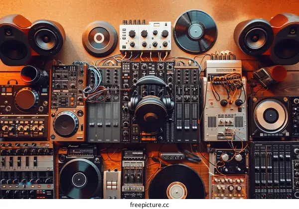 A collection of DJ equipment including a turntable, mixer, headphones, and speakers
