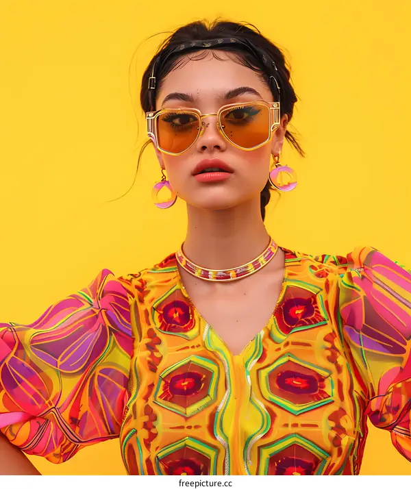 Young Woman in Colorful Outfit and Sunglasses Against a Yellow Background