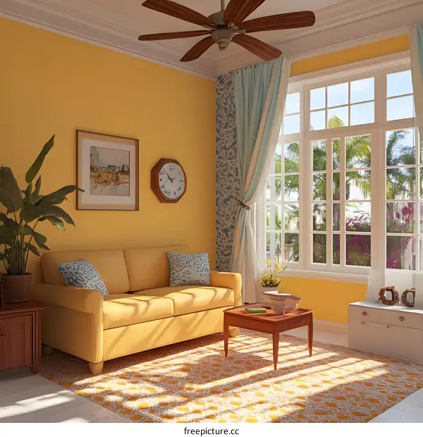 Yellow Living Room Interior Design With Ceiling Fan