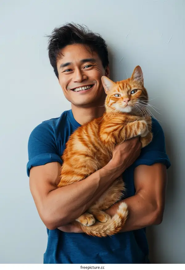 Portrait of a young Asian man smiling and holding an orange cat