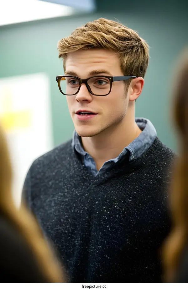Young Caucasian Man with Glasses Talking to Someone