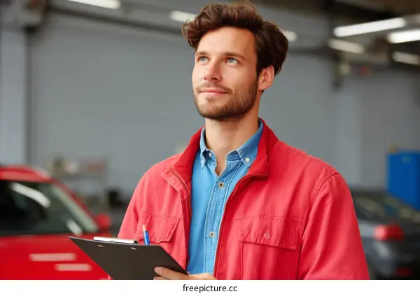 Caucasian Male Auto Mechanic with Clipboard