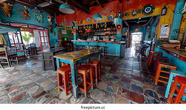 Colorful Mexican Restaurant Interior with Tile Floor