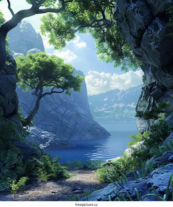 A breathtaking fantasy landscape of lake and mountains
