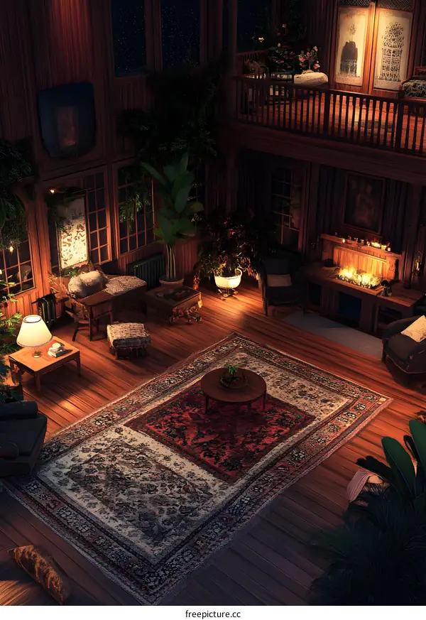 Nighttime View of a Luxurious Living Room with Ornate Rug and Plants