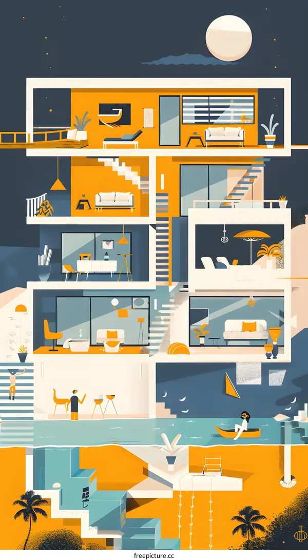 Modern House Illustration with People and Sea View