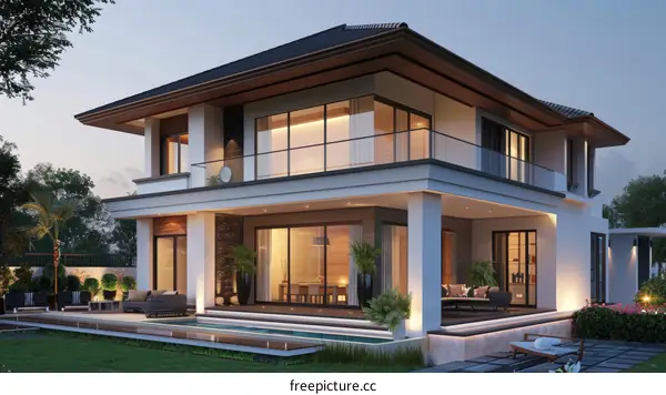 A 3D rendering of a modern house with a pool