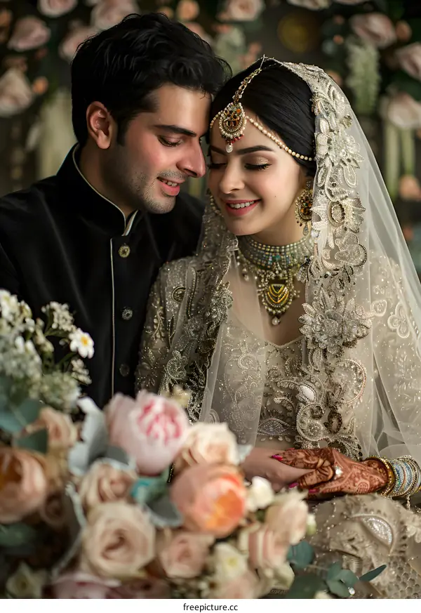 A beautiful South Asian bride and groom on their wedding day.