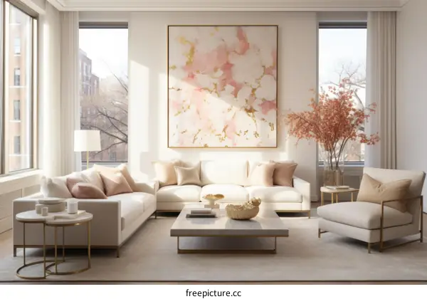 Modern and elegant living room with a large pink and white painting